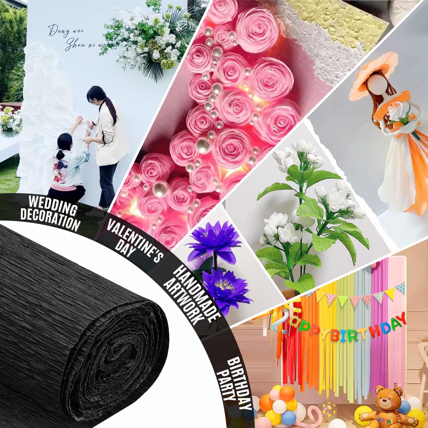 Black Crepe Paper Roll (9.8Inch x 8.2Ft/3Rolls), Crepe Paper Sheet for Flower Making, Papel Crepe for Valentine's Day, Birthday, Wedding, Party Decoration DIY Craft