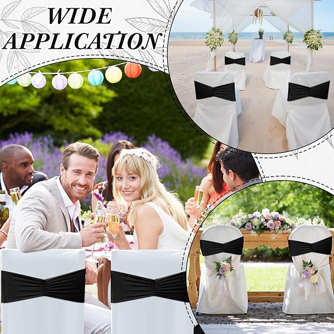 Moukeren 100 Pcs Spandex Chair Sashes Bows Bands Slider Sashes for Chair Covers Elastic Bands Ties Ribbon Decorations for Wedding Party Events Ceremony Birthday Banquet(Black)