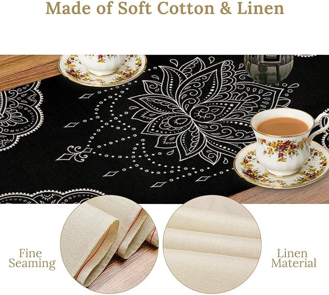 Lotus Flower Table Runner, Bohemian Ethnic Oriental Mandala Black White Floral Print Table Runner for Home Kitchen Dining Indoor Outdoor Dinner Party Decor, 13x120inch