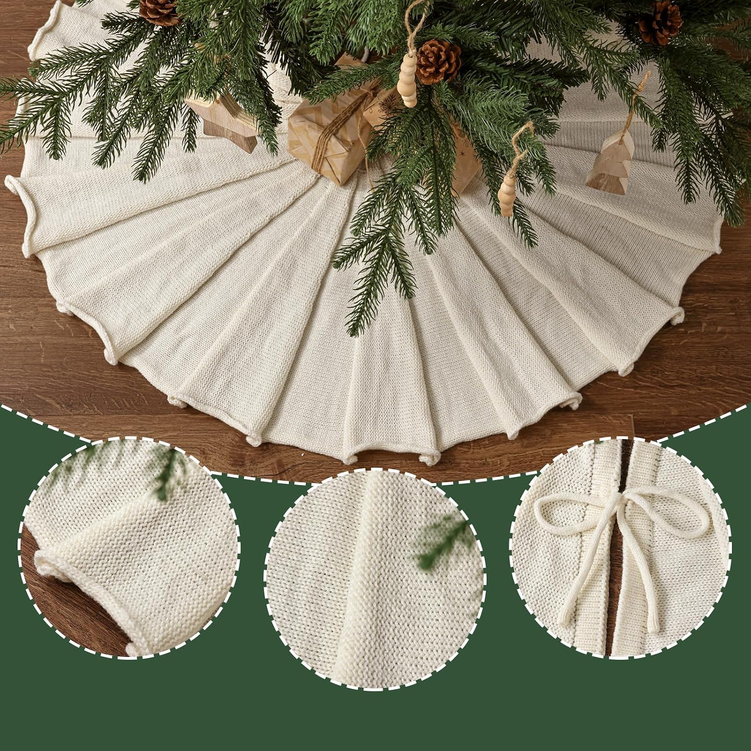 36 inch Christmas Tree Skirt: Pencil Tree Skirt for 6ft Tree, Pleated Design Knit Cream White Small Tree Skirt, Vintage Tree Skirts, Rustic Farmhouse Christmas Decorations