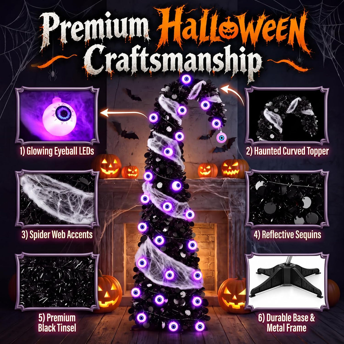5ft pop up halloween tree with 35 purple, close-up detail