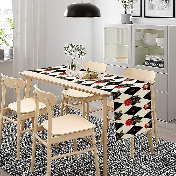 Vintage Rose Table Runner, Red Rose Hearts Black White Checkered Background Table Runner for Kitchen Dinning Table Runner Decor Home Wedding Party Holiday, 13x120 Inch
