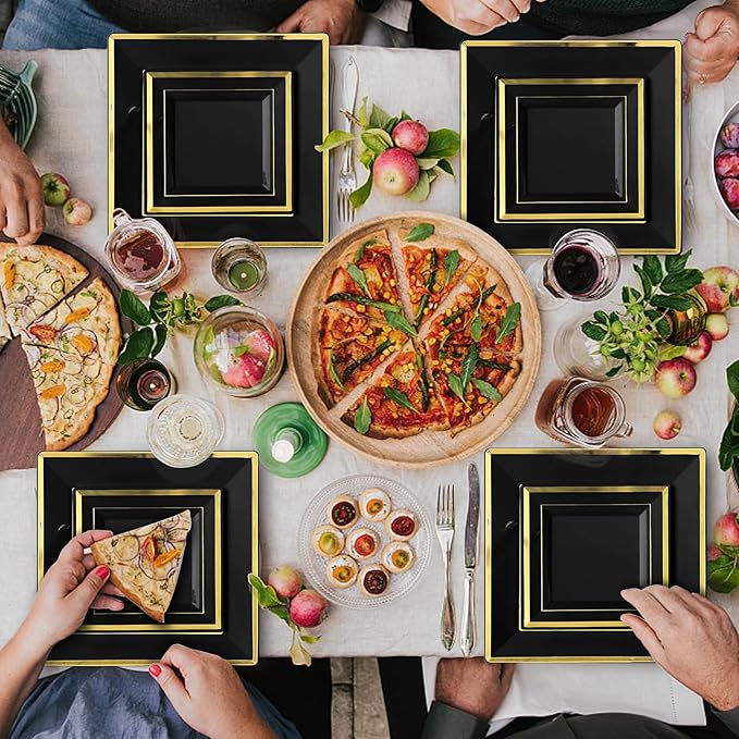 Goodluck 352 Piece Black Dinnerware Set for 50 Guests, Black Square Plastic Plates with Gold Trim, Include: 100 Plastic Plates, 50 Rolled Napkins, 50 Cups, 50 Cutlery Set and 2 Tablecloth
