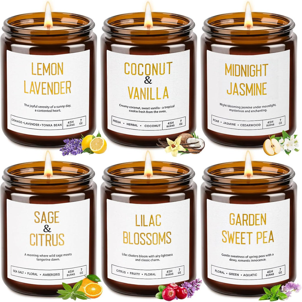 Candles for Home Scented - Soy Candles Non Toxic, 6 Pack Candle Gift Set | 42oz 300h Long Lasting Aromatherapy Candles with Lavender Lemon Vanilla Coconut Jasmine Sage - Floral & Fruity Scents