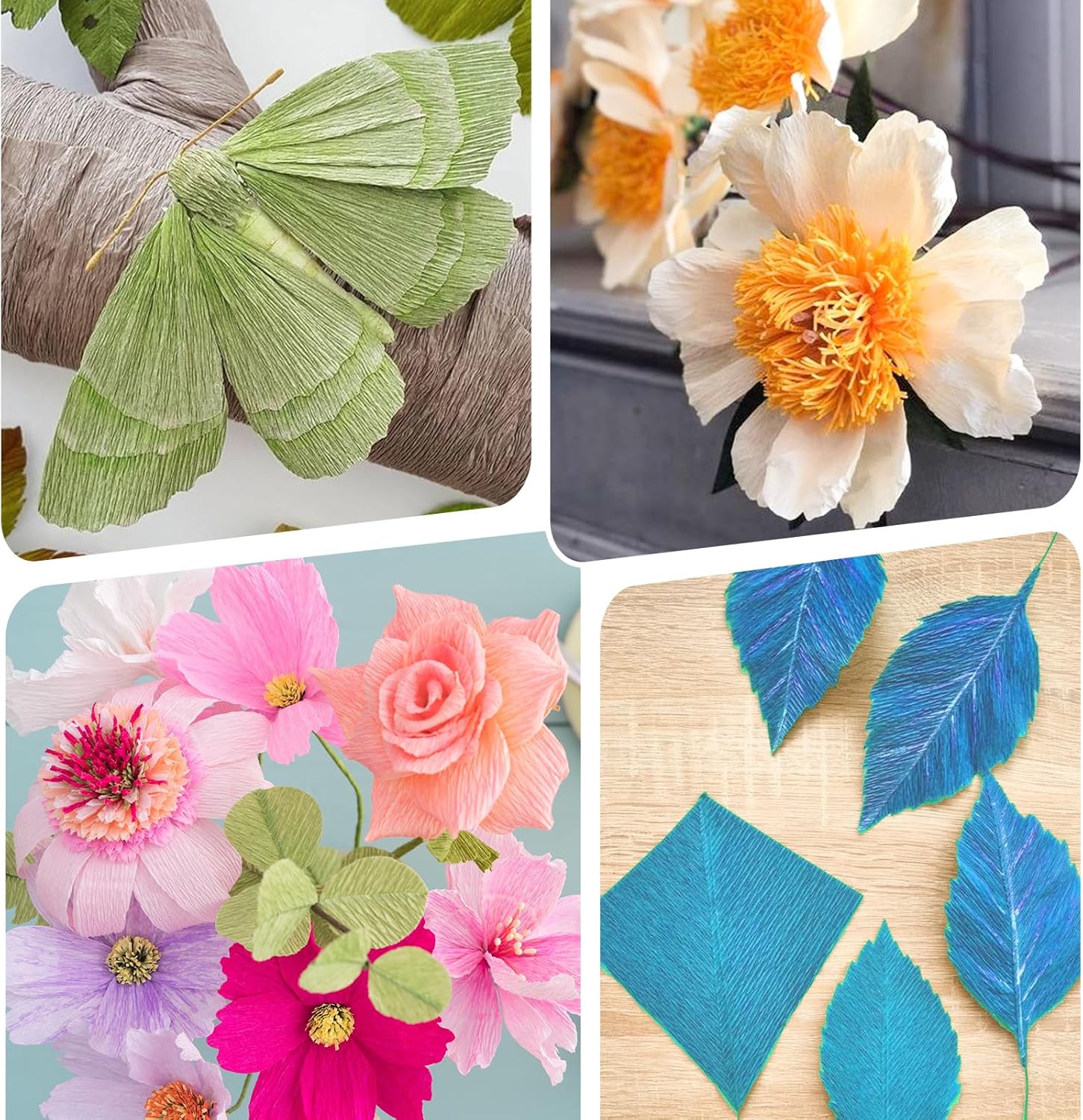 24 Colors Crepe Paper Rolls, 10 x 98 Inch Wide Crepe Paper Sheets with 100 Pcs Green Floral Iron Wire, Floral Band, Double-Sided Tape, and Scissors for Birthday Parties Weddings Festival Decoration