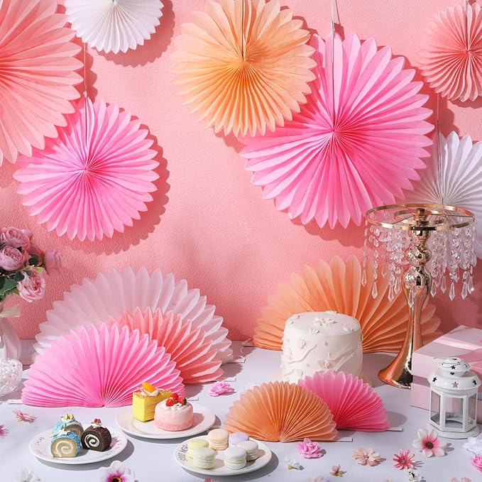 MotiMind 24 Pcs Hot Pink Paper Fans Pink Peach Party Decorations Classroom Decor Wall Background Ceiling Hanging Decoration for Birthday Wedding Baby Bridal Shower Engagement Party Decor
