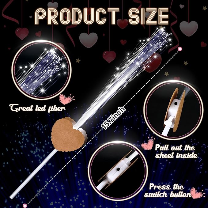 50 Pcs Wedding Sparklers Heart Shaped LED Glow Sticks Fiber Optic Wands Light up Wand with 3 Light Mode for Wedding Bridal Shower Birthday Glow in the Dark Party Supplies (Brown)