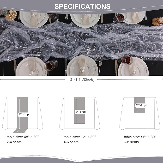 Snowkingdom 6 Pcs 10 FT Silver White Cheesecloth Table Runner Sheer Chiffon Gauze Runner, Sequin Glitter Silver Table Decoration Centerpieces for Wedding Birthday Christmas Bridal Baby Shower
