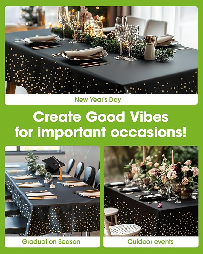Pureegg Plastic Table Cloth Disposable 10 Pack, 54 x 108 Inch Table Cloths, Graduation Decorations Class of 2025, Graduation Tablecloths, Rectangle, Plastic Cover, Leakproof & Sturdy, Black and Gold