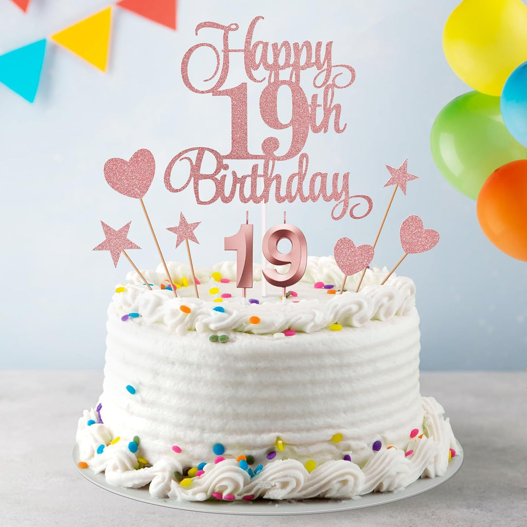 19th Birthday Cake Decorations, 19th Birthday Candles Cake Numeral Candles and Glitter Happy 19th Birthday Cake Toppers Set for Birthday Party Supplies (Rose Gold)