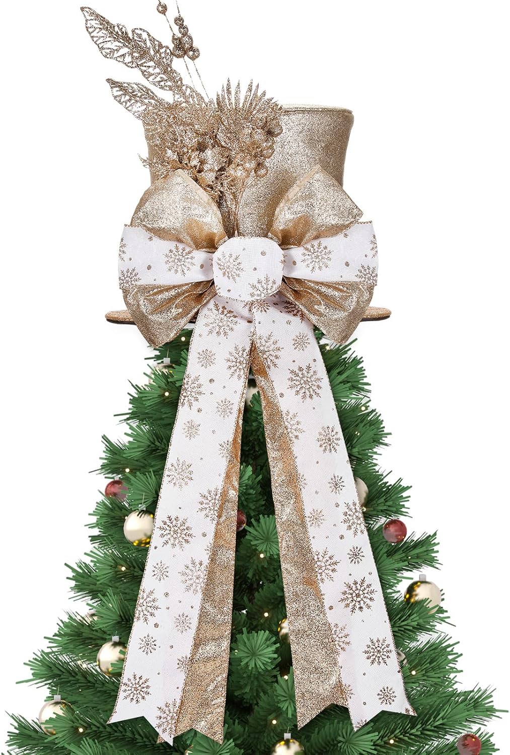 Poen Christmas Tree Topper Hat Shiny Sequins Top Hat with Bow Lengthened Ribbon Tree Topper Santa Christmas Decorations for Xmas Gift Ideas Holiday Winter Party Ornament Supplies(Gold)