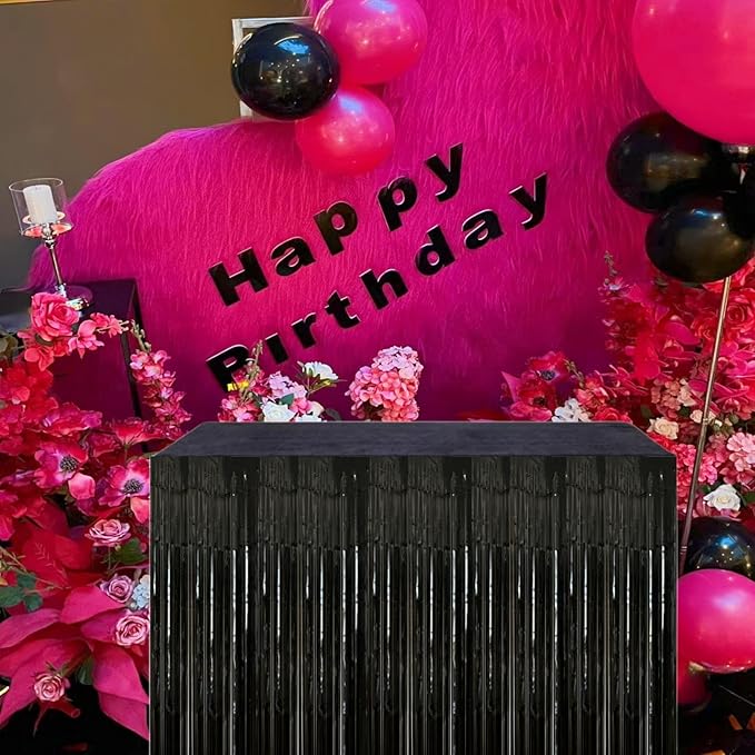 Black Streamers Party Decorations, 2 Packs Black Table Skirts Metallic Foil Fringe Tinsel for Graduation Birthday Wednesday Twilight Wizard Float Parade Halloween Party Supplies - 29x108 Inch