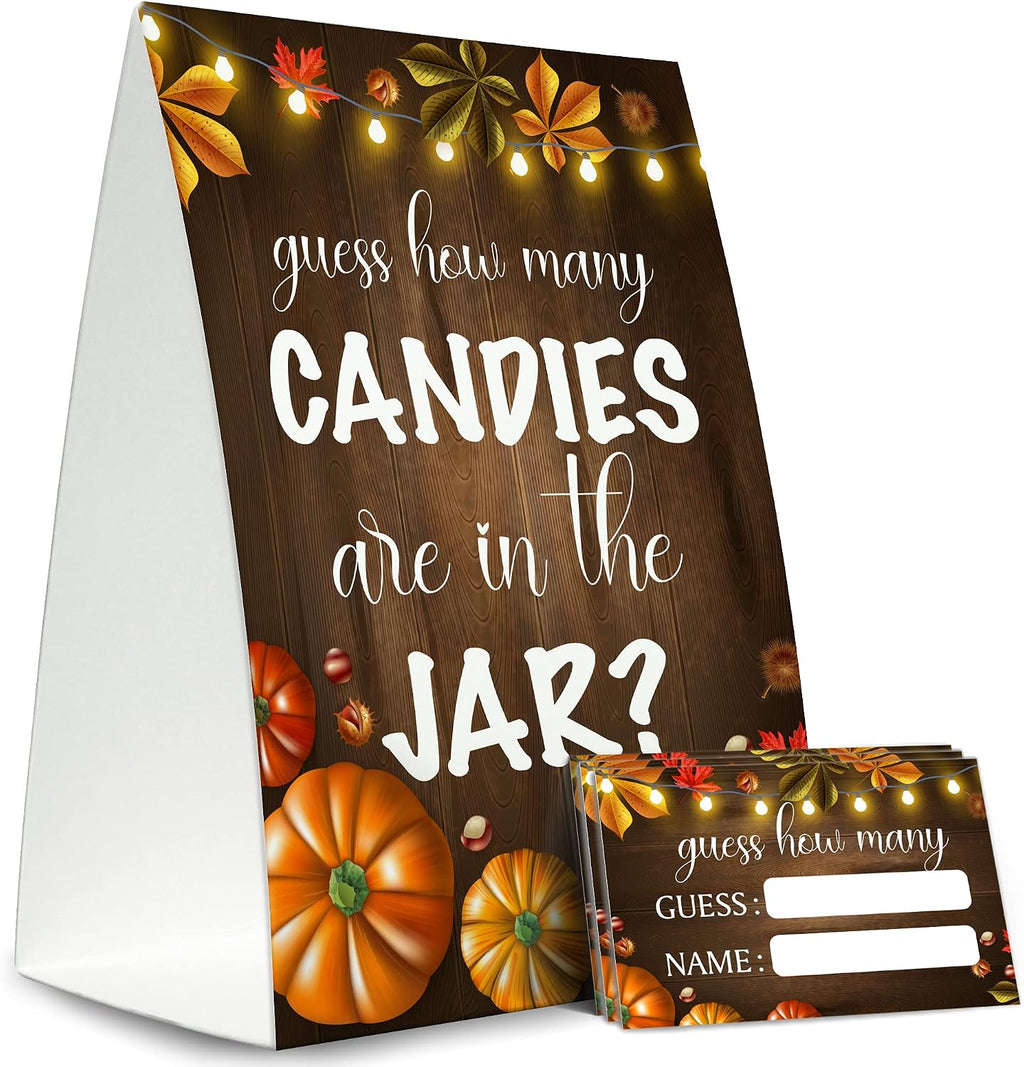 Guess How Many Candies Are in the Jar (1 Standing Sign + 50 Guessing Cards),Pumpkin Halloween,Bridal Shower Sign,Baby Shower Sign - NG01