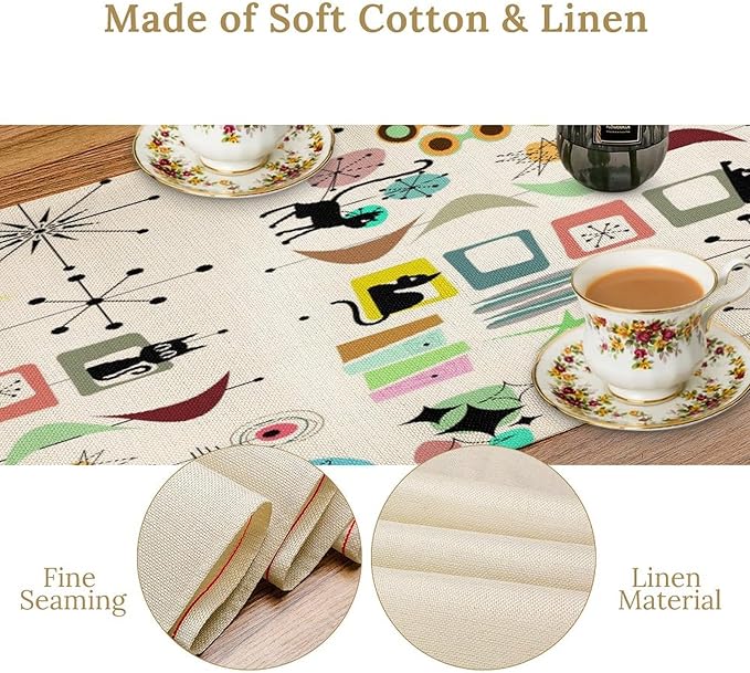 Colorful Geometric Table Runner,Vintage Mid Century Cute Cat Abstract Morden Print Tablecloth Burlap for Hotel Indoors Outdoor Dining Room Kitchen Home Decor, 13x108in