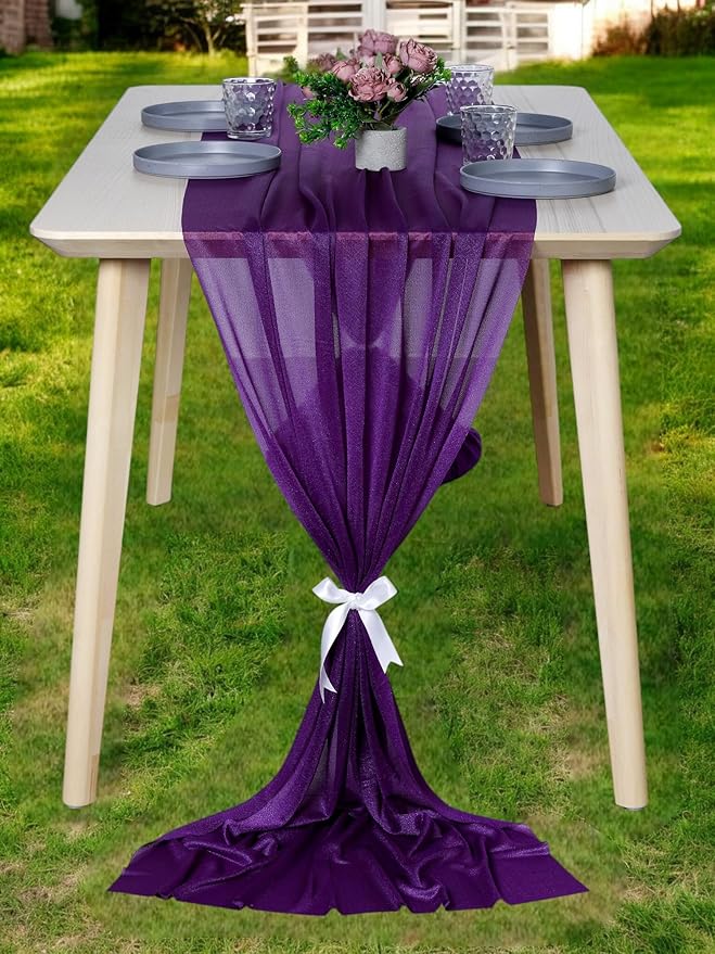 MDS 25 Pack 10ft Chiffon Table Runner 29 x 120 Inches Sheer Wedding Runner Romantic Rustic Table Runner for Wedding Decorations, Birthday Parties, Bridal Shower Party Arch Decor - Cadbury Purple
