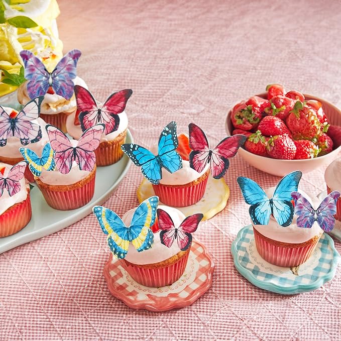 Ephlyn 40Pcs Edible Butterfly Cupcake Toppers 3D Butterfly Cake Picks Mixed Color Cake Decorations for Baby Shower Wedding Kids Birthday Party Supplies Dark Multicolor