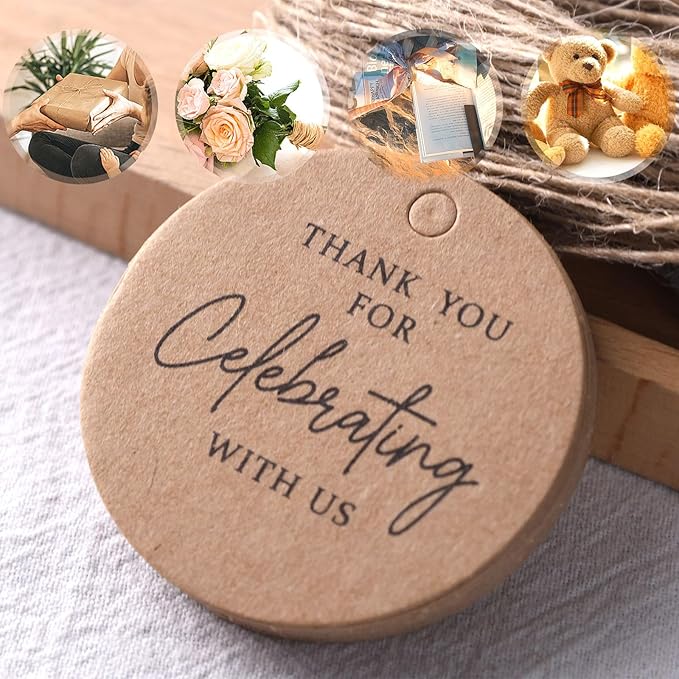 SallyFashion 120PCS Thank You Tags, 2inch Brown Round Gift Tags with String, Perfect for Gift Wrapping, Wedding Parties, Baby Shower