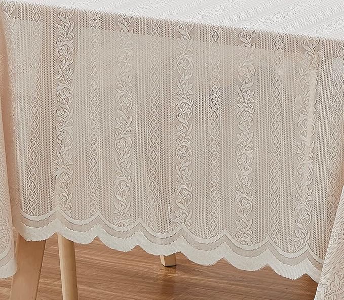 LinenZone Lace Round Tablecloth with Elegant Scalloped Bottom for Any Special Event Such as Wedding, Birthday Party, Baby Shower, Anniversary. Sits 6 to 8 People. (Linda 90 Round, Linen)