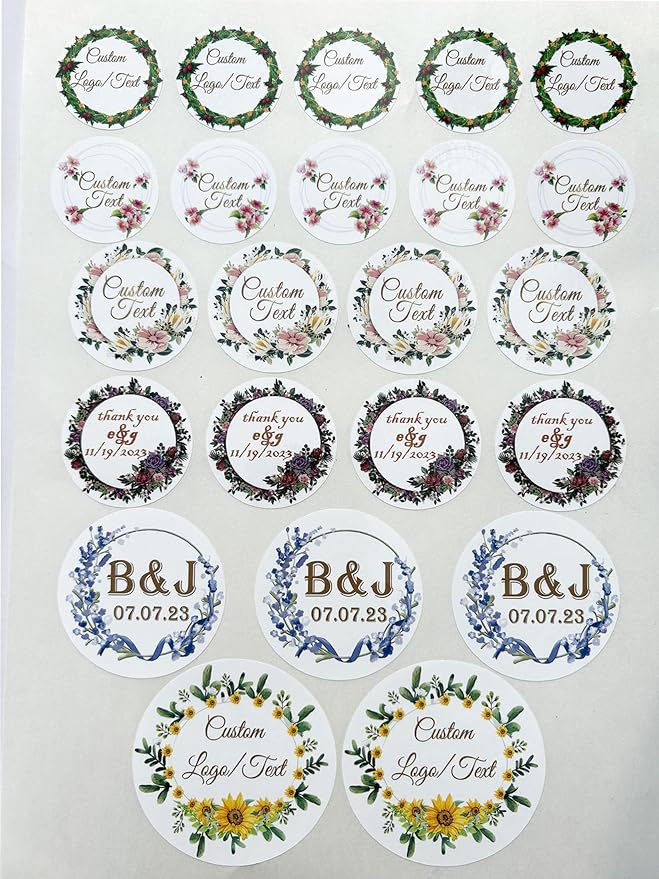 Custom Stickers for Weddings, Birthdays & Businesses - Personalized Labels with Your Logo - Waterproof, Fade and Heat Resistant - Pack of 100-1000 (Wreath J, 4 Inch)