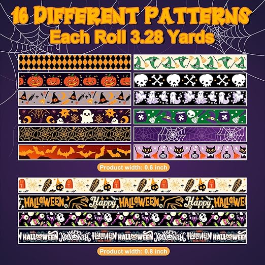 16 Rolls Halloween Washi Tape Holiday Masking Tape Stickers Glod Foil Decorative Tape for Scrapbook Journal DIY Craft Gift Wrapping（Halloween