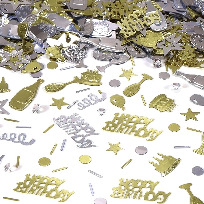 VHUWE Happy Birthday Confetti, 1.6 oz Champagne Gold Silver Cake Balloon Star Goblet Bottle Swirl Glitter Confetti for Boys Girls Kids Women Men Happy Birthday Party Table Decorations Supplies