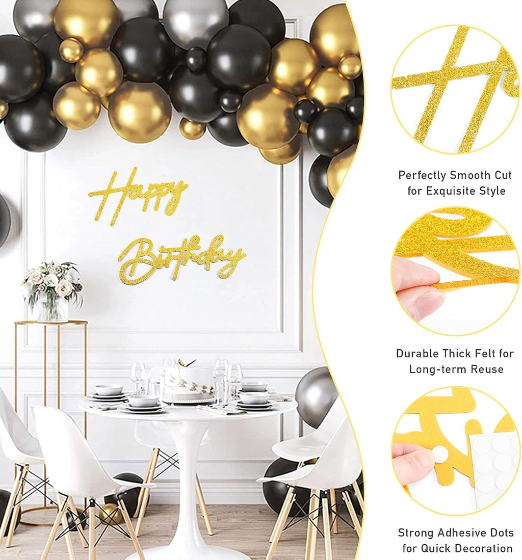 CANREVEL Happy Birthday Sign for Backdrop, Glitter Felt Gold Happy Birthday Banner, Golden Birthday Party Decorations for Girl Boy Women Men, Wall Decor Balloon Arch Photo Prop