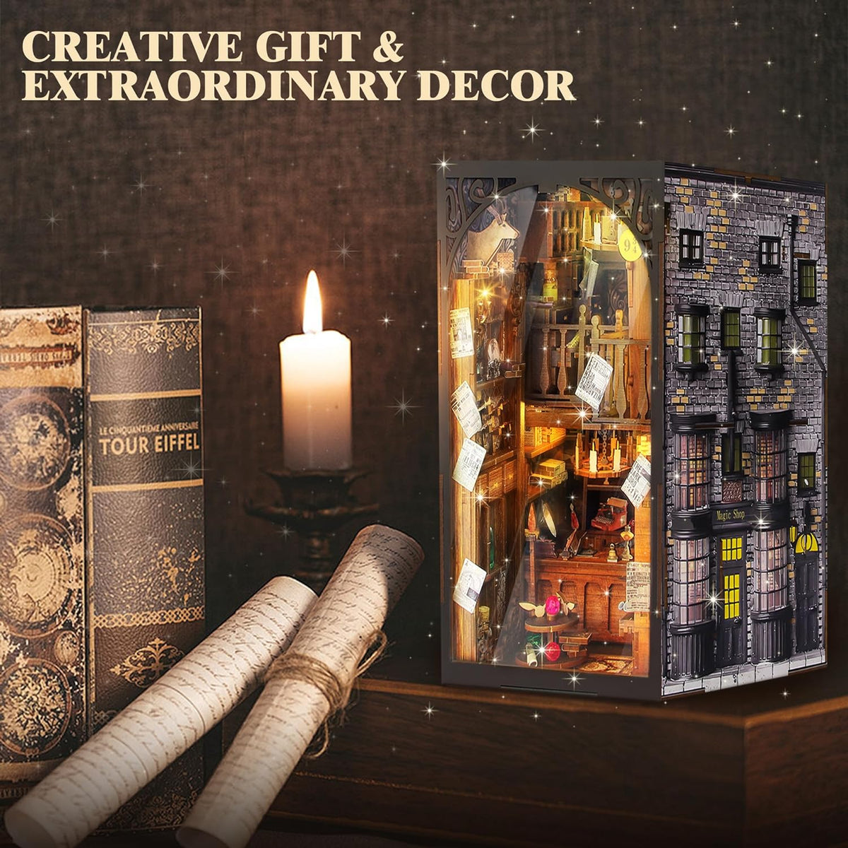 diy book nook kit, 3d wooden puzzle miniature showing dimensions