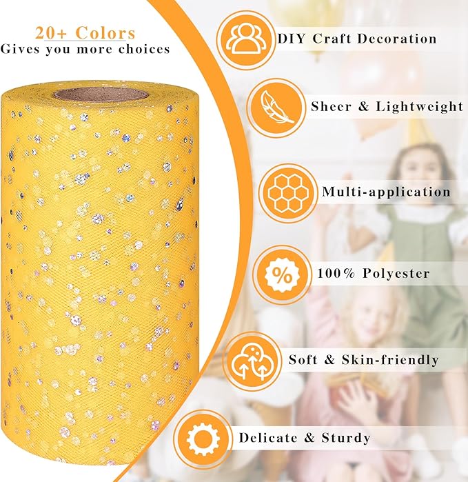 Glitter Tulle Rolls, 6” by 50 Yards (150FT) Sequin Tule Netting Fabric Tulle for Tutu Skirts Sewing Birthday Wedding Party Decoration (Yellow)