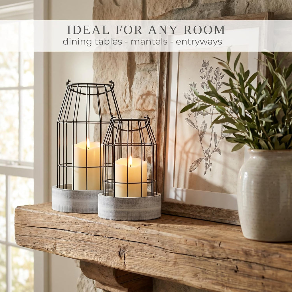 Rustic Farmhouse Lantern Decor Set of 2 - Stylish Decorative Lanterns for Your Living Room, Patio & Porch or Kitchen Dining Table - Modern Indoor/Outdoor Coffee Table Decor for Your Entire Home