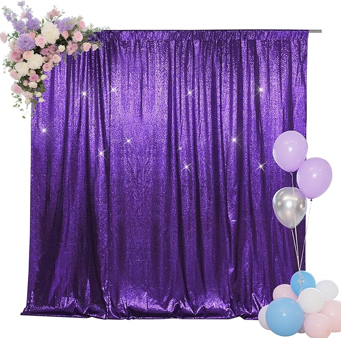 SquarePie Sequin Backdrop Less Transparent Background Sparkly Curtain for Wedding Halloween Party 10FT x 10FT Purple