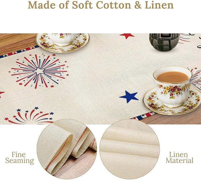 Cute Patriotic Gnomes Table Runner, American Independence Day 4th of July Gnome Blue Red Fireworks Confetti Print Table Runner for Home Kitchen Dining Table Party Decor, 13x120inch