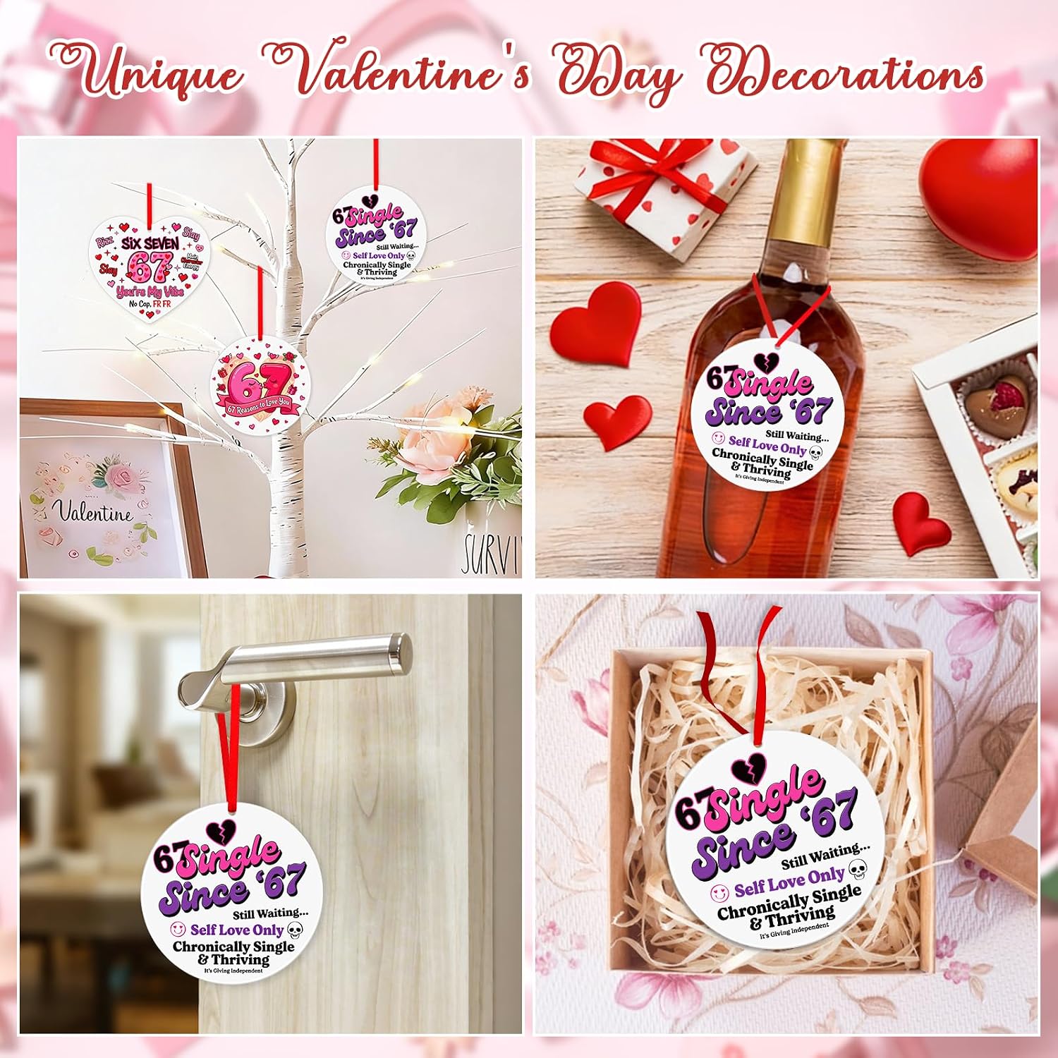 SICOHOME Funny Valentines Day Gifts - Trendy Single Six Seven Meme 67 Ornament for Gen Z Teens Girls Boys Acrylic Self Love Slang Viral Gag Gifts Anti Valentines Day Keepsake Keychain Car Home Decor