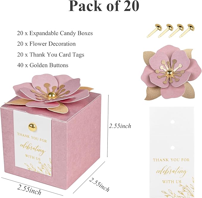 FEIYI 20 PCS Favor Boxes, 3 In 1 Dusty Rose Candy Boxes with Floral Decor, White Thank You Tags Gold Foil Print Gift wrapping for Wedding, Baby Shower, Birthday, Decorations Party - 2.55x2.55x2.55