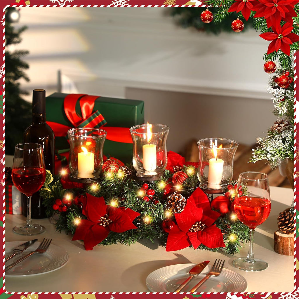 Sliner Christmas Candle Holder Centerpiece Christmas Poinsettia Glass Candle Holder Romantic Holiday Candelabrum for Xmas Party Table Mantel Decorations