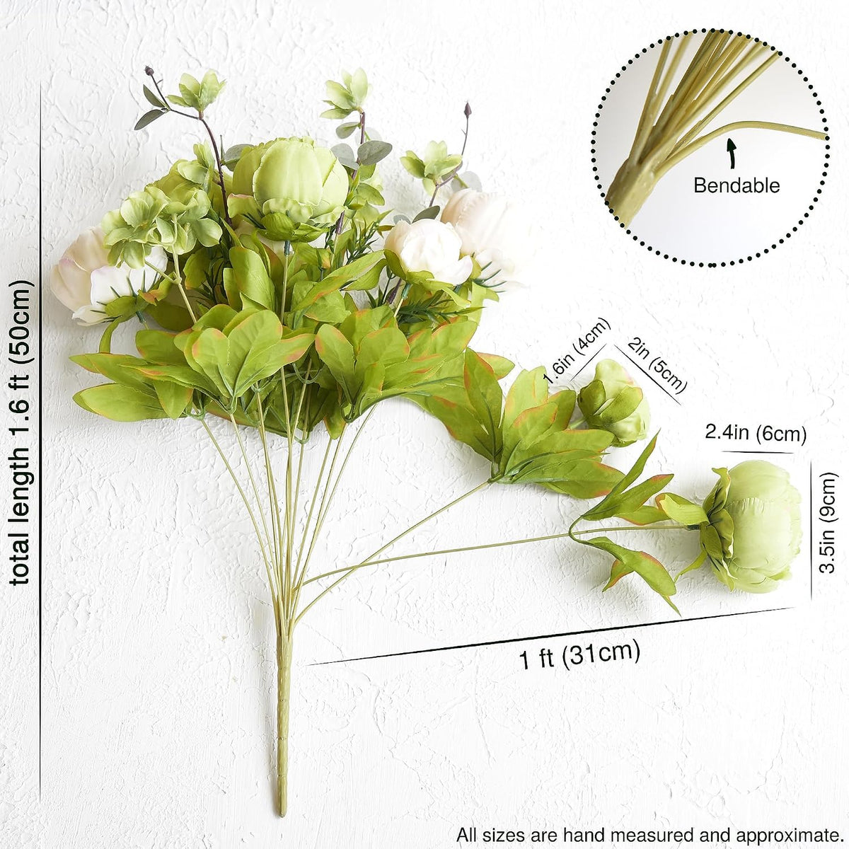 fiveseasonstuff cream beige & moss green artificial peony showing dimensions