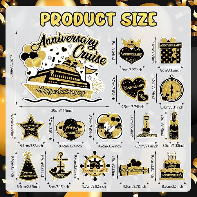 Happy Anniversary Cruise Door Magnets Decorations, Black Gold Happy Anniversary Cruise Ship Door Decor Magnetic for Married Men Women Wedding Party Fridge Refrigerator Car Kitchen Garage Personalized
