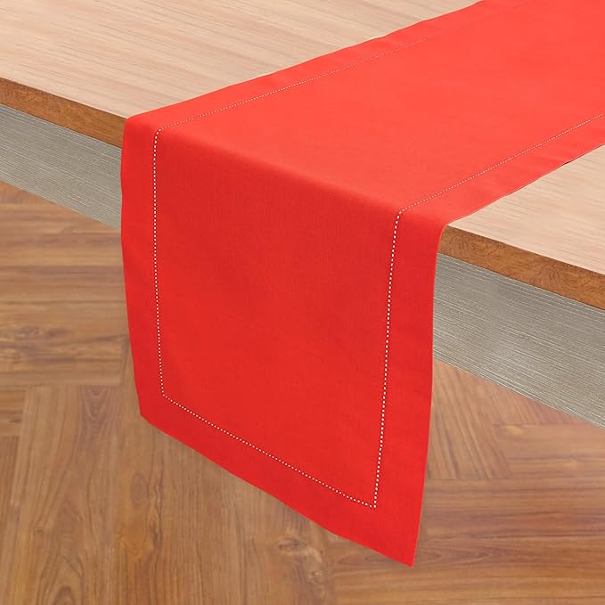 Solino Home Table Runner 120 Inches Long - Cotton Linen Hemstitch Poppy Red Table Runner 14 x 120 Inch for Halloween
