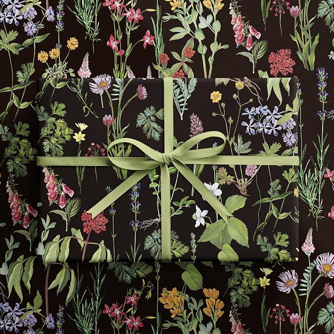RUSPEPA Wild Flower Wrapping Paper Roll for Women Girls, Mini Roll, Elegant Black Floral Design Gift Wrap Paper Perfect for Birthday, Bridal Shower, Spring, Wedding, Mother's Day, 17 Inch x 16.4 Feet