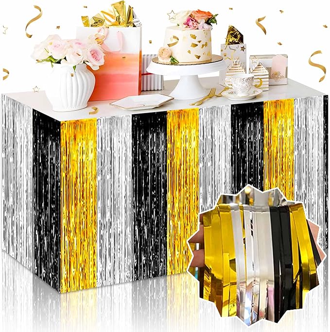3 Pack Black Gold Silver Foil Fringe Table Skirts Metallic Tinsel Streamers Garland Banner Backdrop for Table Decor, Parade Float, Birthday, Wedding, Halloween, Christmas Party Decorations(29x108 In)