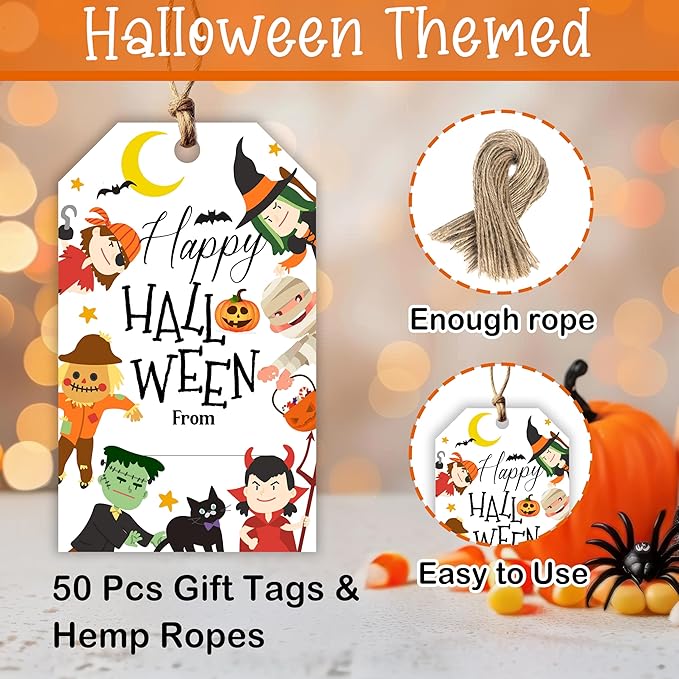 50 Pcs Halloween Tags with String, 2.1"×3.5" Pumpkin Paper Gifts Tags, Ghost Trick or Treat for Candy, Black Cat Happy Halloween Gifts Tag Wrap for Party Favor - B02