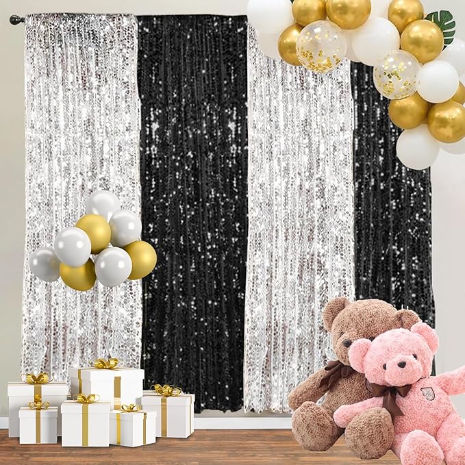 9FTx9FT Silver Big Sequin Backdrop Curtains Panels Drapes Home Party Supplies Sequin Background for Parties Shimmer Wall Backdrop Cloth and Thanksgiving Christmas