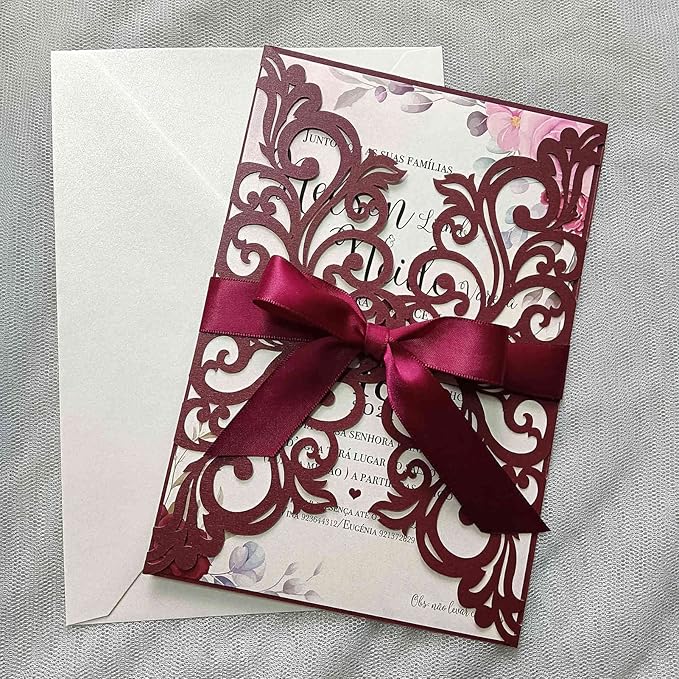 25PCS Laser Cut Burgundy Wedding Invitations Cards with Envelopes,Blank Inner Sheets,Ribbons for Wedding Bridal Shower Quinceañera Engagement Birthday Invites, (B001)