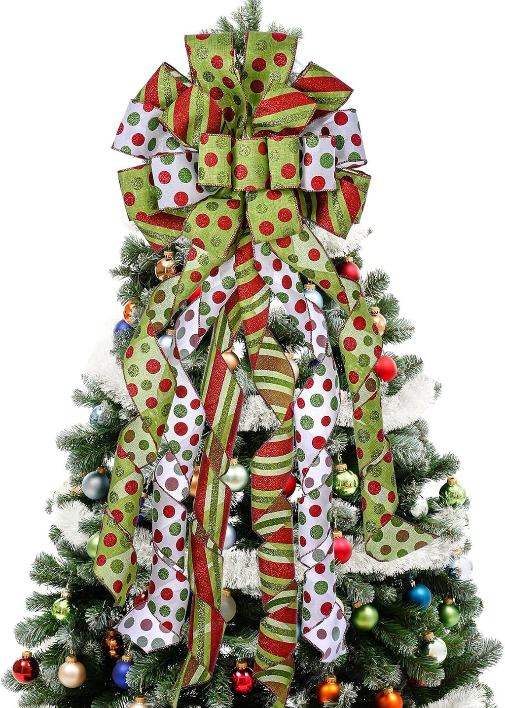 Christmas Tree Topper Wreath Bow Large Green Christmas Bow Tree Topper, Red Green Dot Polyester Gift Bows for Xmas Ornament Holiday Home Thanksgiving Indoor/Outdoor Decoration 45"x13"