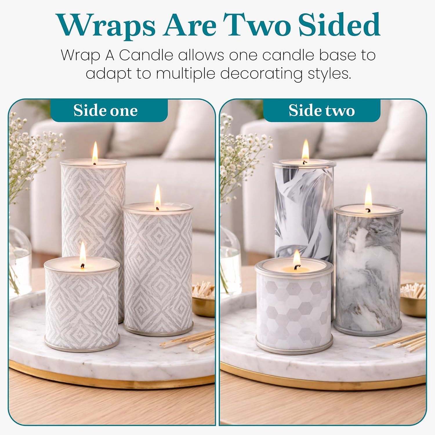 Decorative Candle Holder Set of 3, Table Centerpiece Candle Decor for Home Decor Candles, Reusable Pillar Candle Alternative with Interchangeable Wraps, Tea Light Holder Giftable Holiday Accent