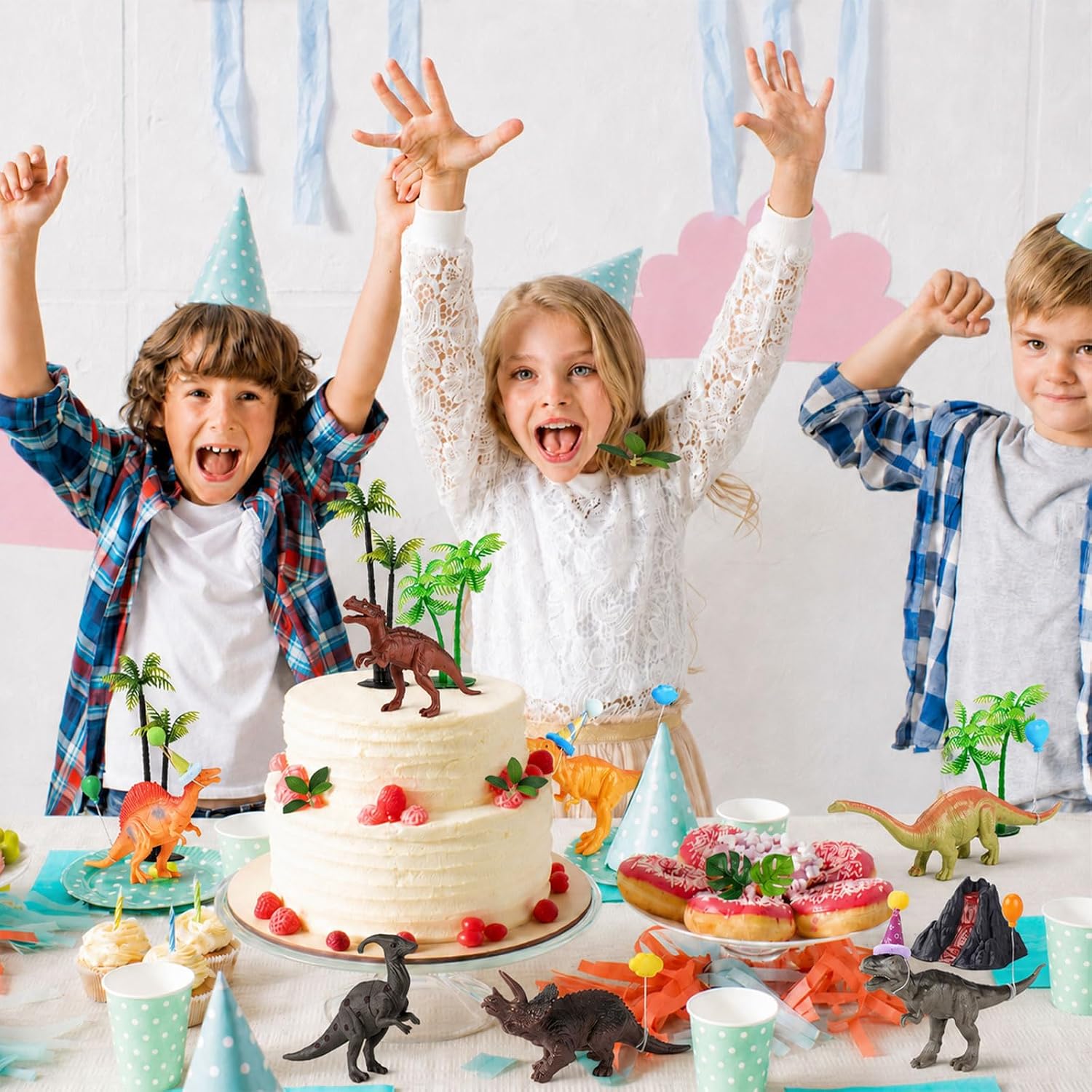 49 Pcs Dinosaur Birthday Cake Decorations, 8 Dinosaur Cake Topper with 1 Volcanic 8 Birthday Hat 8 Mini Balloon Decorations 24 Green Artificial Plant Decorations