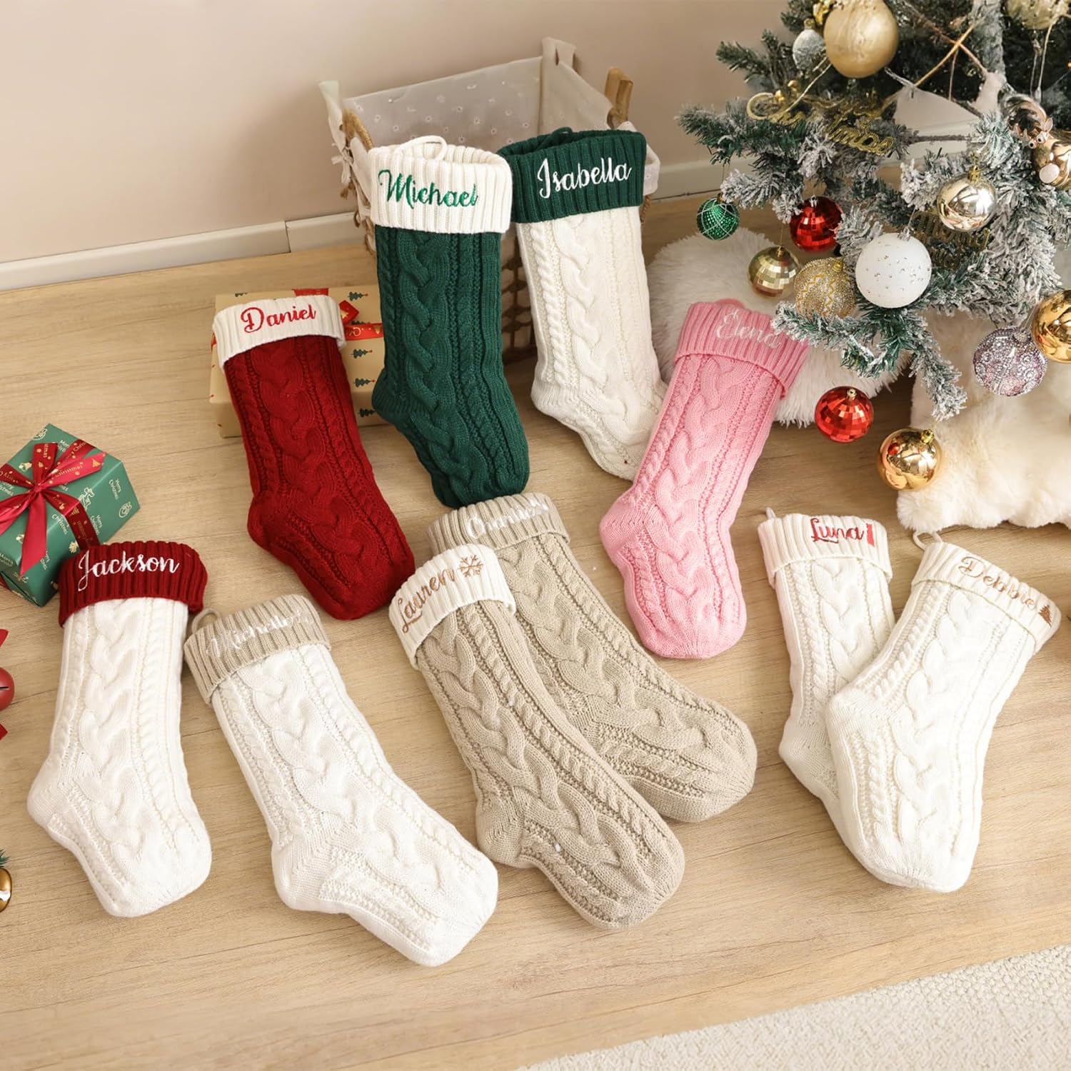 ELEGANTPARK Personalized Christmas Stockings 1 Pack Knit Christmas Stockings with Embroidered Names Red Green White Xmas Decoration for Fireplace Hanging Holiday Decoration for Family Kids 18 Inch