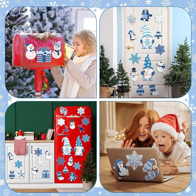 Xuhal 25 Pcs Christmas Magnets Decoration Winter Blue Gnome Snowman Snowflake Refrigerator Magnets Decorative Fridge Magnetic Stickers for Christmas Mailbox Car Metal Garage Door Decoration