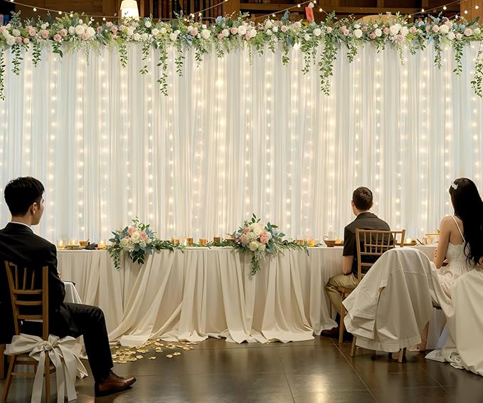 Ivory Tulle Backdrop Curtains with Lights String for Parites Wedding 20×10ft Ivory Sheer Backdrop Curtains for Baby Shower Birthday Party Photo Shoot Background Decorations(4 Panels 5ft×10ft)