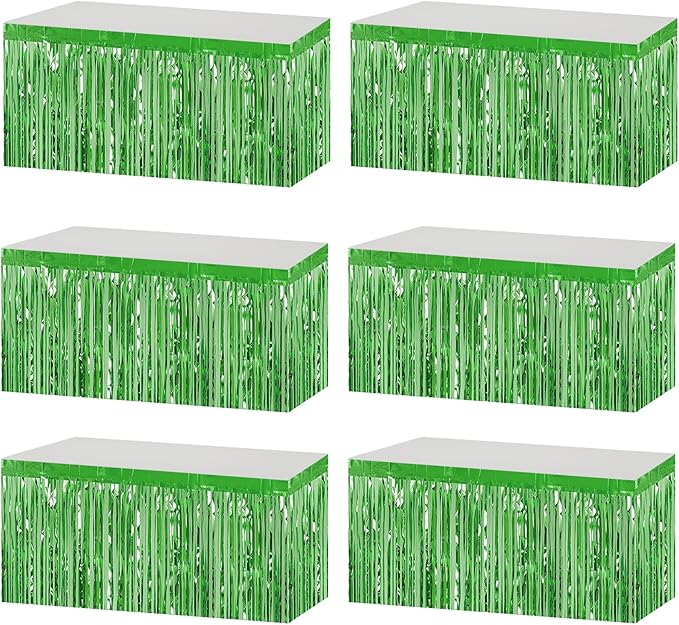 6 Pack 29x108 Inch Metallic Foil Fringe Tinsel Table Skirts Banner for Rectangle Tables Streamer Curtains Backdrop for Wedding, Birthday, Parade Floats, St Patrick Day Party Decoration(Light Green)
