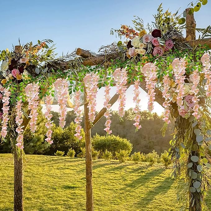 12 Pack Light Pink Wisteria Hanging Flowers Garland, 3.77 Feet Artificial Flower Vines, Fake Wisteria, Artificial Vines Hanging Garland for Backdrop Outdoor Yard Garden Decor